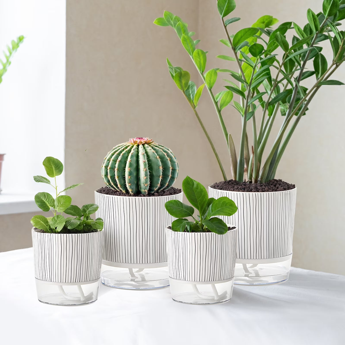 4 Pack Self Watering Pots, 4+5.5 Inch Planter Pots for Indoor Plants with Wick Rope and Reservoir