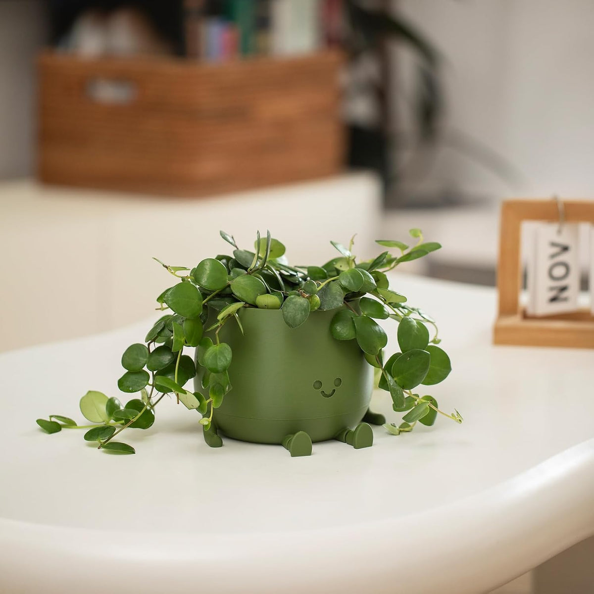 Happy Face Planter, 5.2 Inches Plastic Plant Pot, Self Watering Plant Pot with Drainage Holes for Indoor Outdoor, Succulent Pot, Funny Flower Pot, Dark Green
