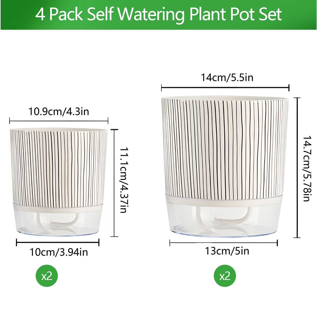 4 Pack Self Watering Pots, 4+5.5 Inch Planter Pots for Indoor Plants with Wick Rope and Reservoir