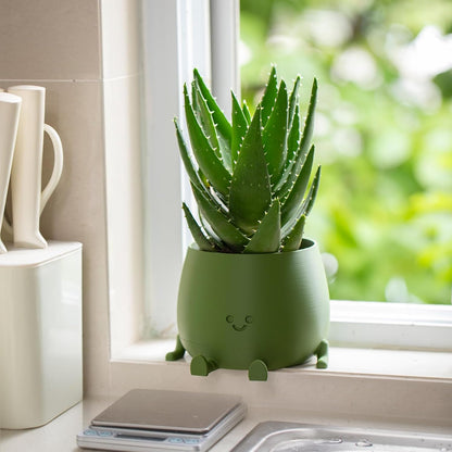 Happy Face Planter, 5.2 Inches Plastic Plant Pot, Self Watering Plant Pot with Drainage Holes for Indoor Outdoor, Succulent Pot, Funny Flower Pot, Dark Green