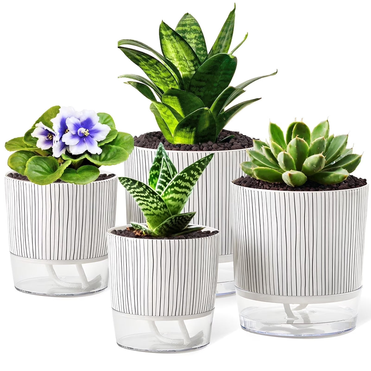 4 Pack Self Watering Pots, 4+5.5 Inch Planter Pots for Indoor Plants with Wick Rope and Reservoir