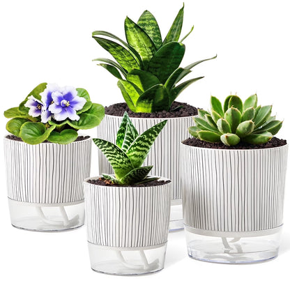 4 Pack Self Watering Pots, 4+5.5 Inch Planter Pots for Indoor Plants with Wick Rope and Reservoir
