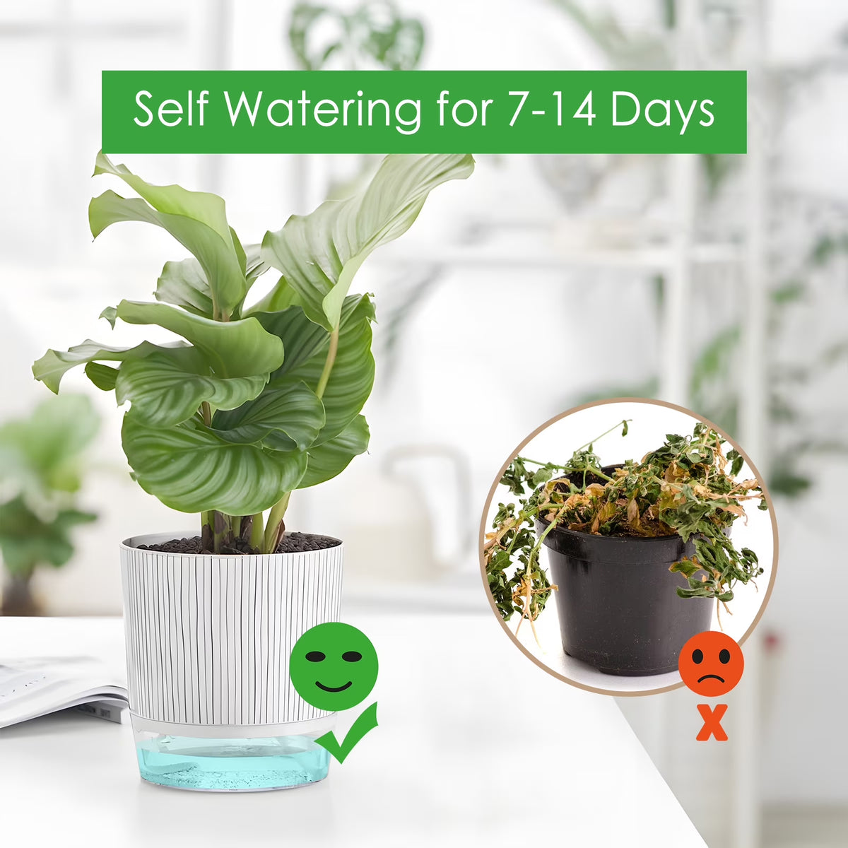 4 Pack Self Watering Pots, 4+5.5 Inch Planter Pots for Indoor Plants with Wick Rope and Reservoir
