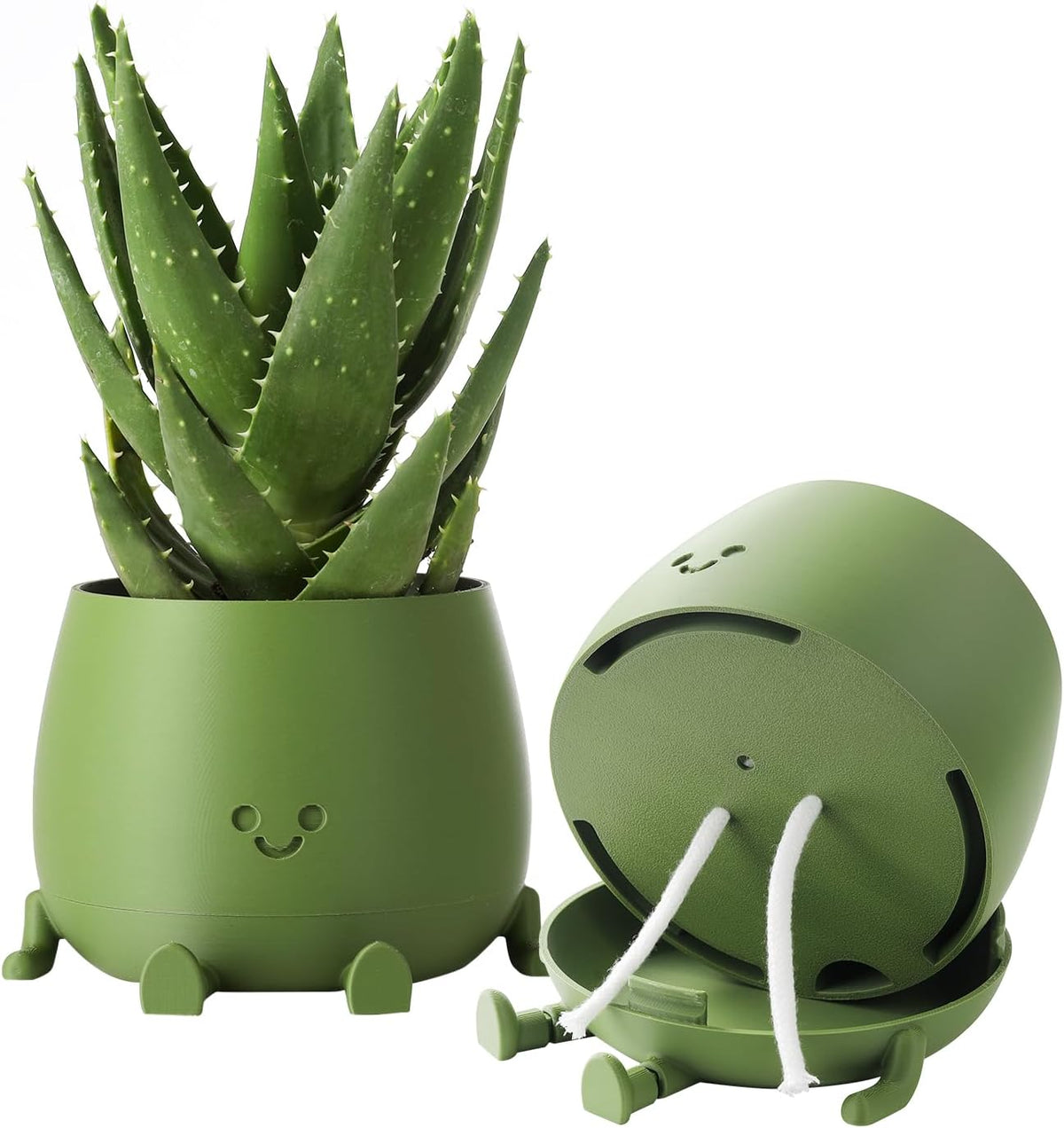 Happy Face Planter, 5.2 Inches Plastic Plant Pot, Self Watering Plant Pot with Drainage Holes for Indoor Outdoor, Succulent Pot, Funny Flower Pot, Dark Green